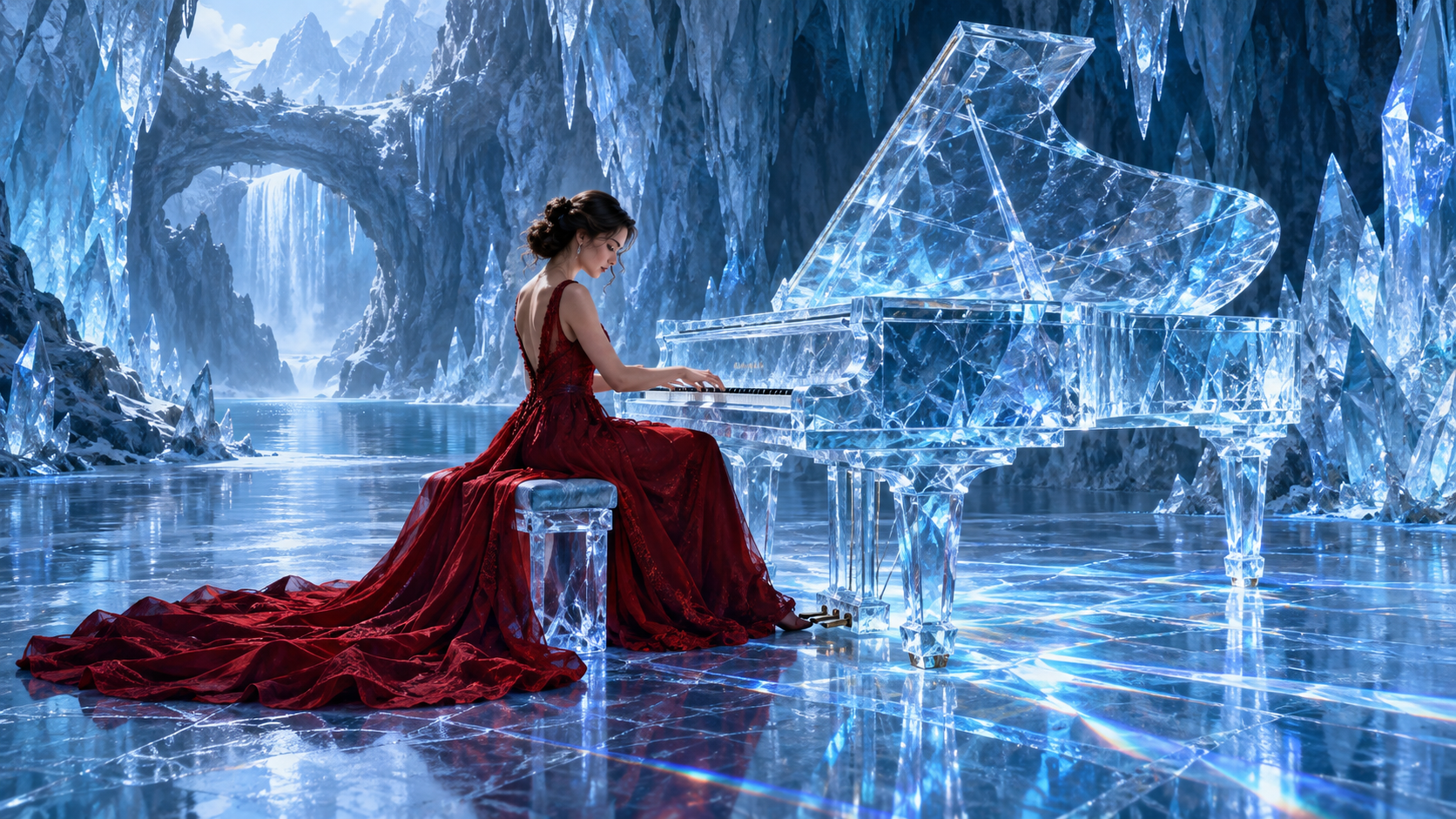 AI ice piano: Red Gown in a Glacier Hall