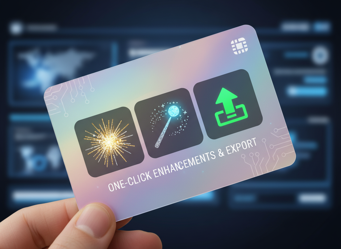 Capability icon panel: magic wand with sparkles and an export arrow representing one‑click enhancements and export.