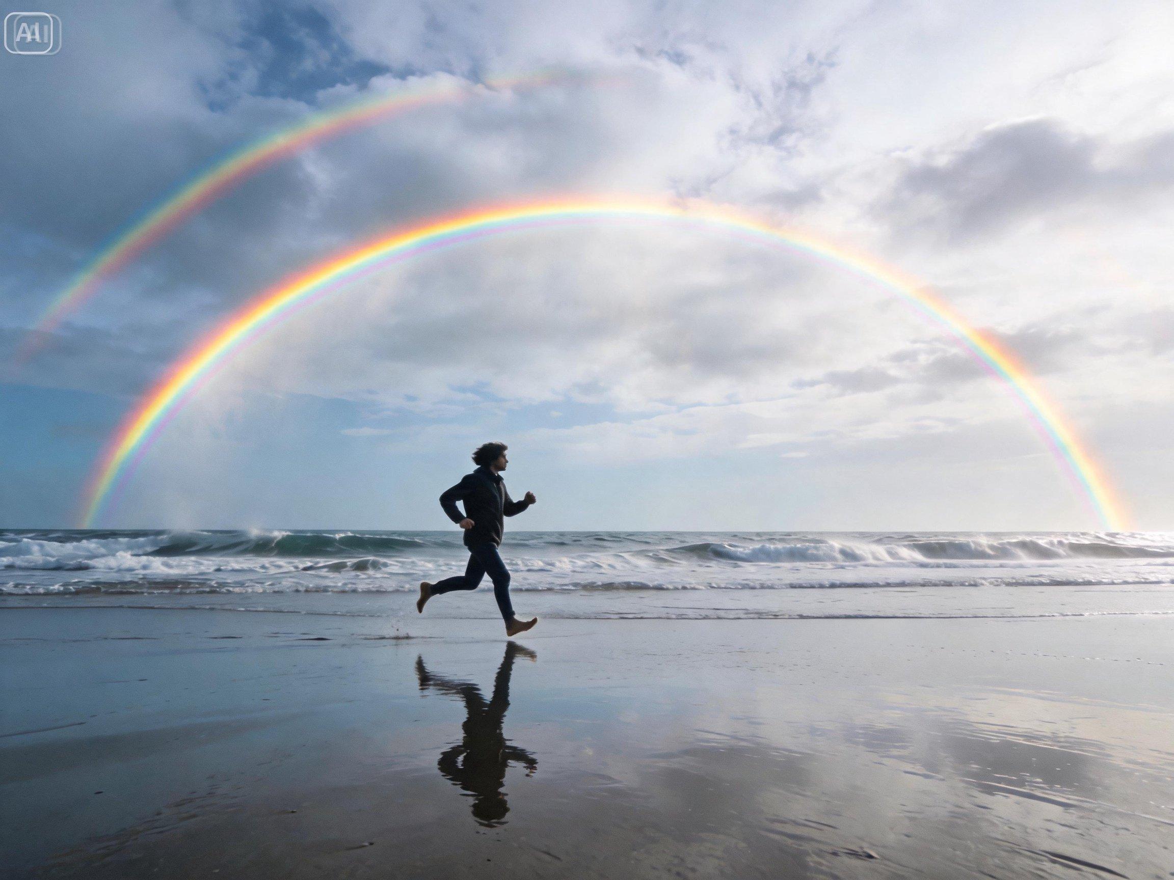 Aviso para un arco iris doble vívido sobre una escena de celebración