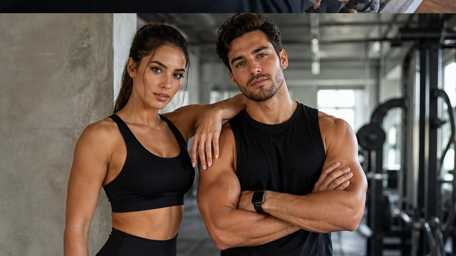 Natural studio portrait of a fictional adult gym couple prompts