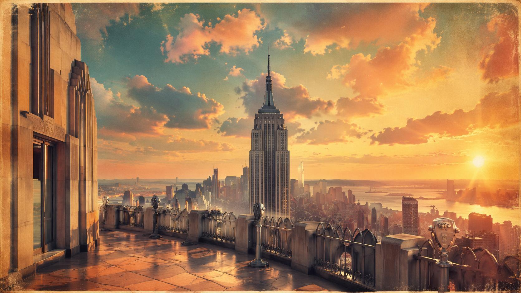 Dreamina proposal on empire state building prompt prompt card 5: Vintage New York romance poster