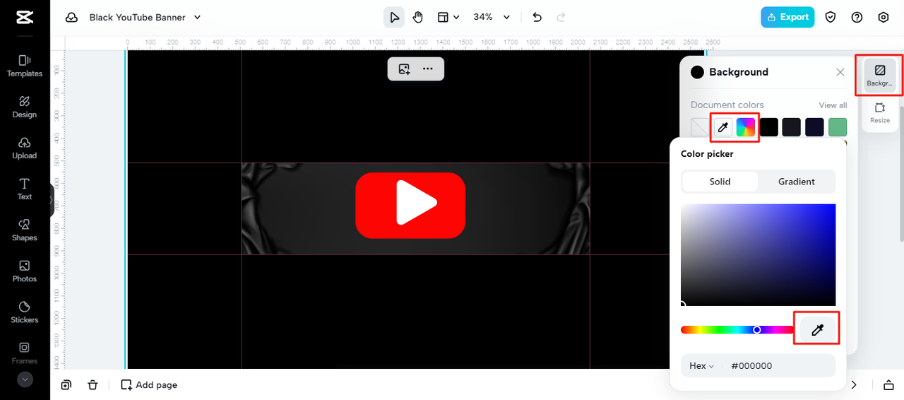 CapCut YouTube banner editor showing a black background and the #000000 color picker