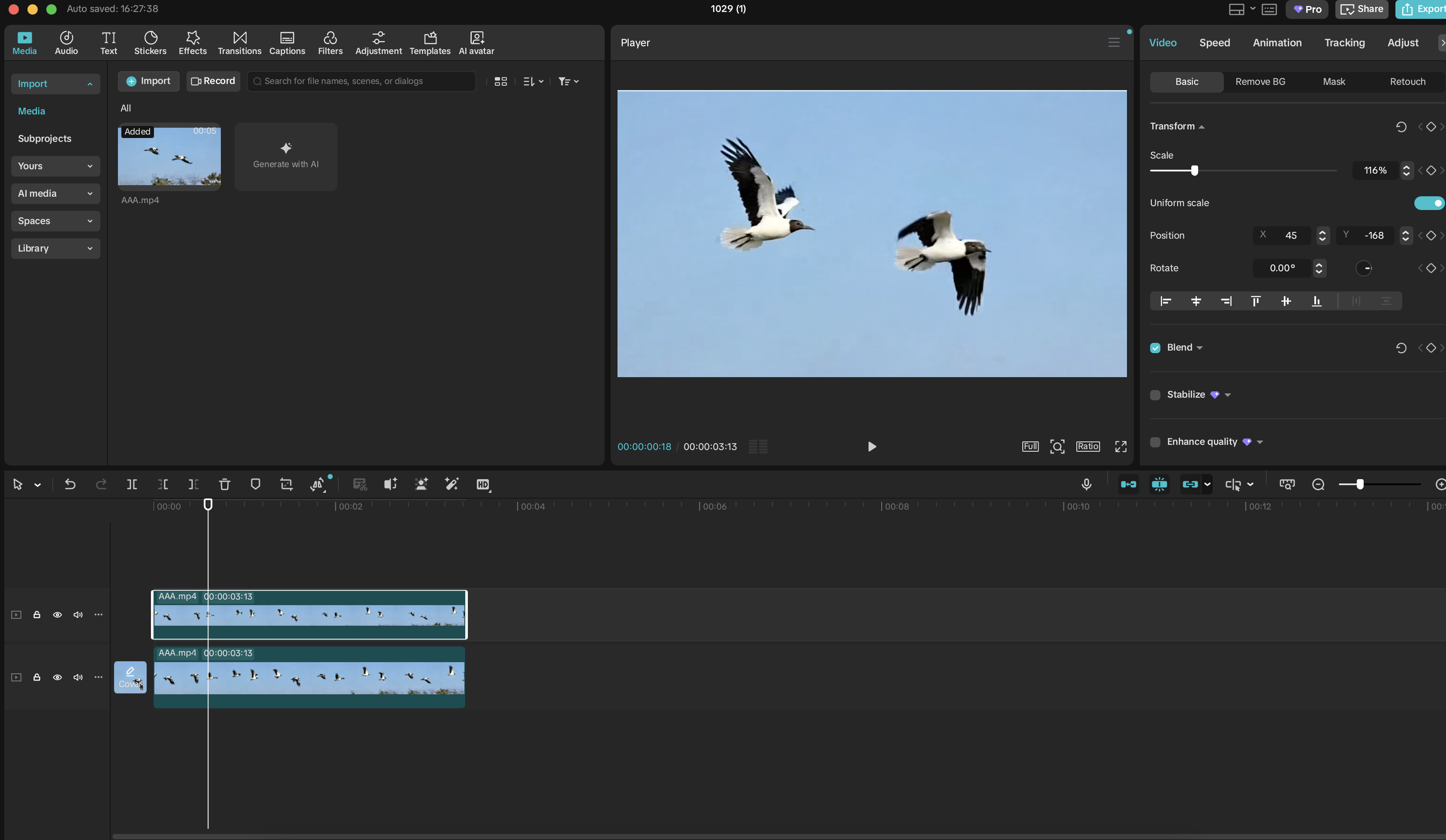 Bird video duplicated across two stacked tracks in the CapCut desktop timeline for masking