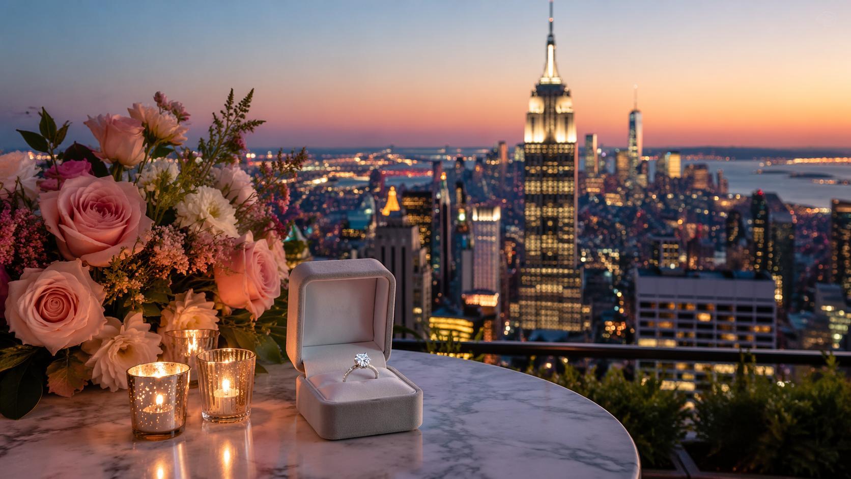 Dreamina proposal on empire state building prompt prompt card 6: Social announcement flat lay