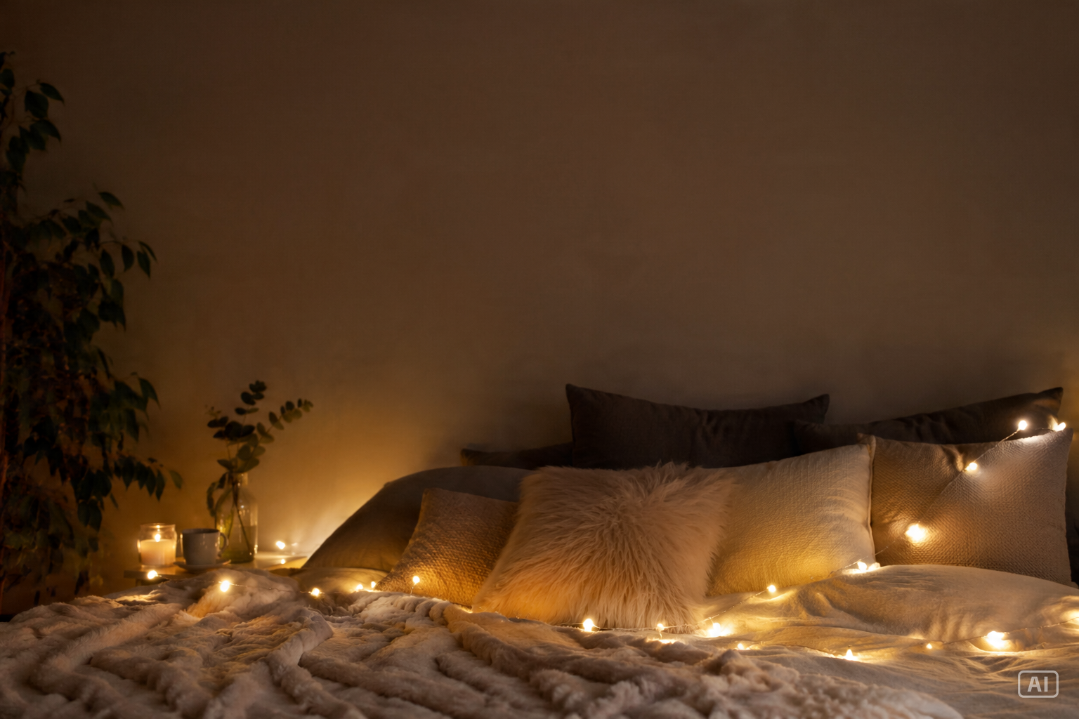 Cozy bed fairy lights good night image generated by Pippit