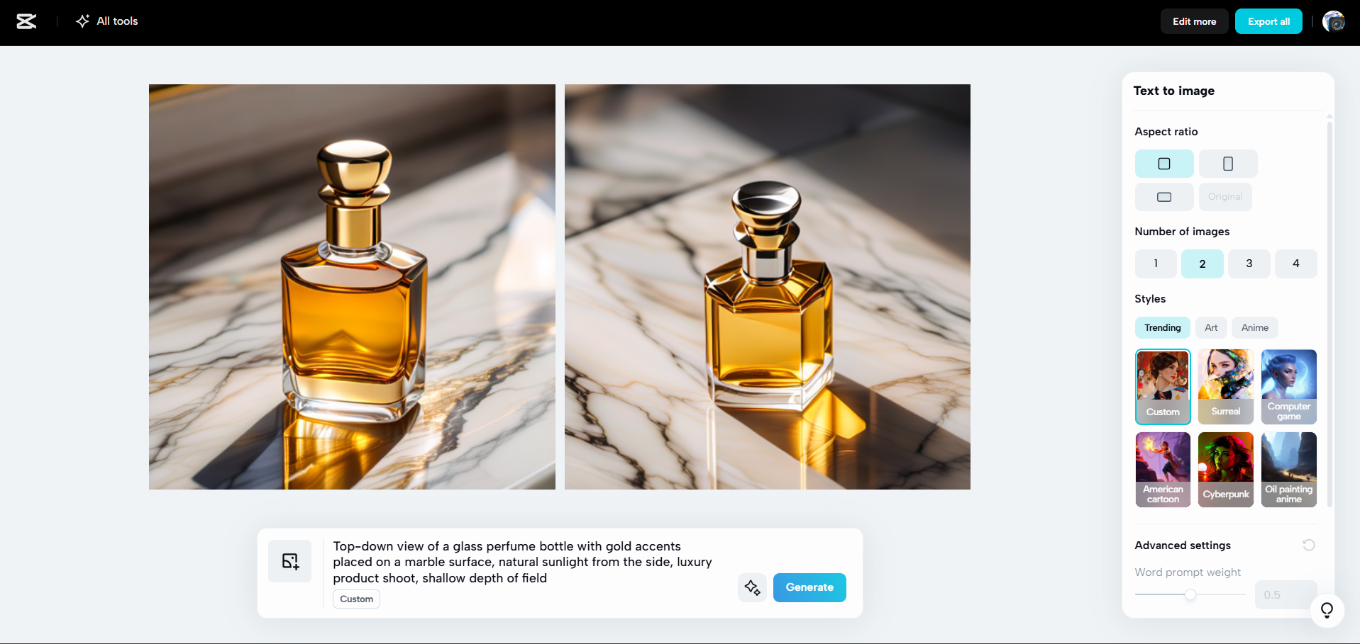 Antara muka CapCut Web - penjana imej produk AI terbaik