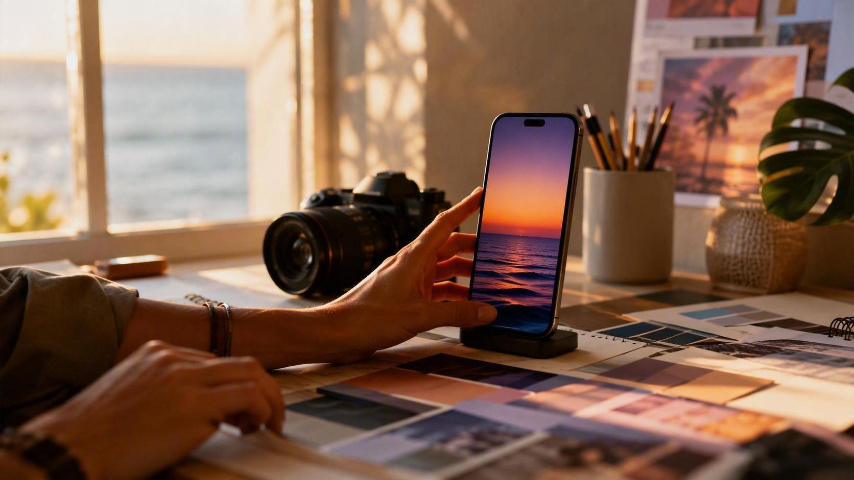 Photorealistic lifestyle visual for Wallpaper Trend: a creator photographing a smartphone setup with an ocean sunset gradient wallpaper, no text, UI, logo, or watermark.