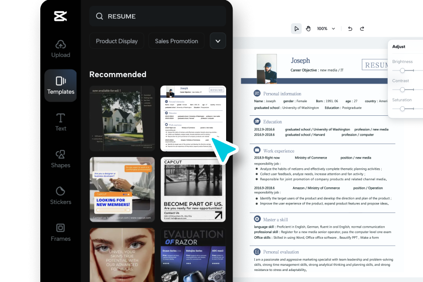 Conectați-vă și selectați un șablon de CV