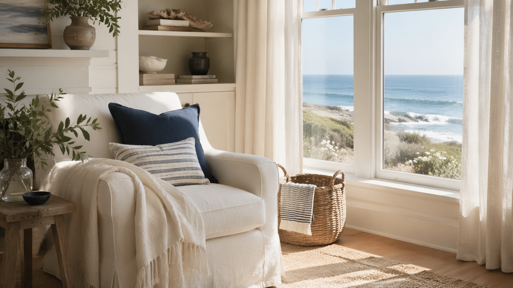 Dreamina coastal grandmother aesthetic prompt example 1: Soft Linen Beach Portrait