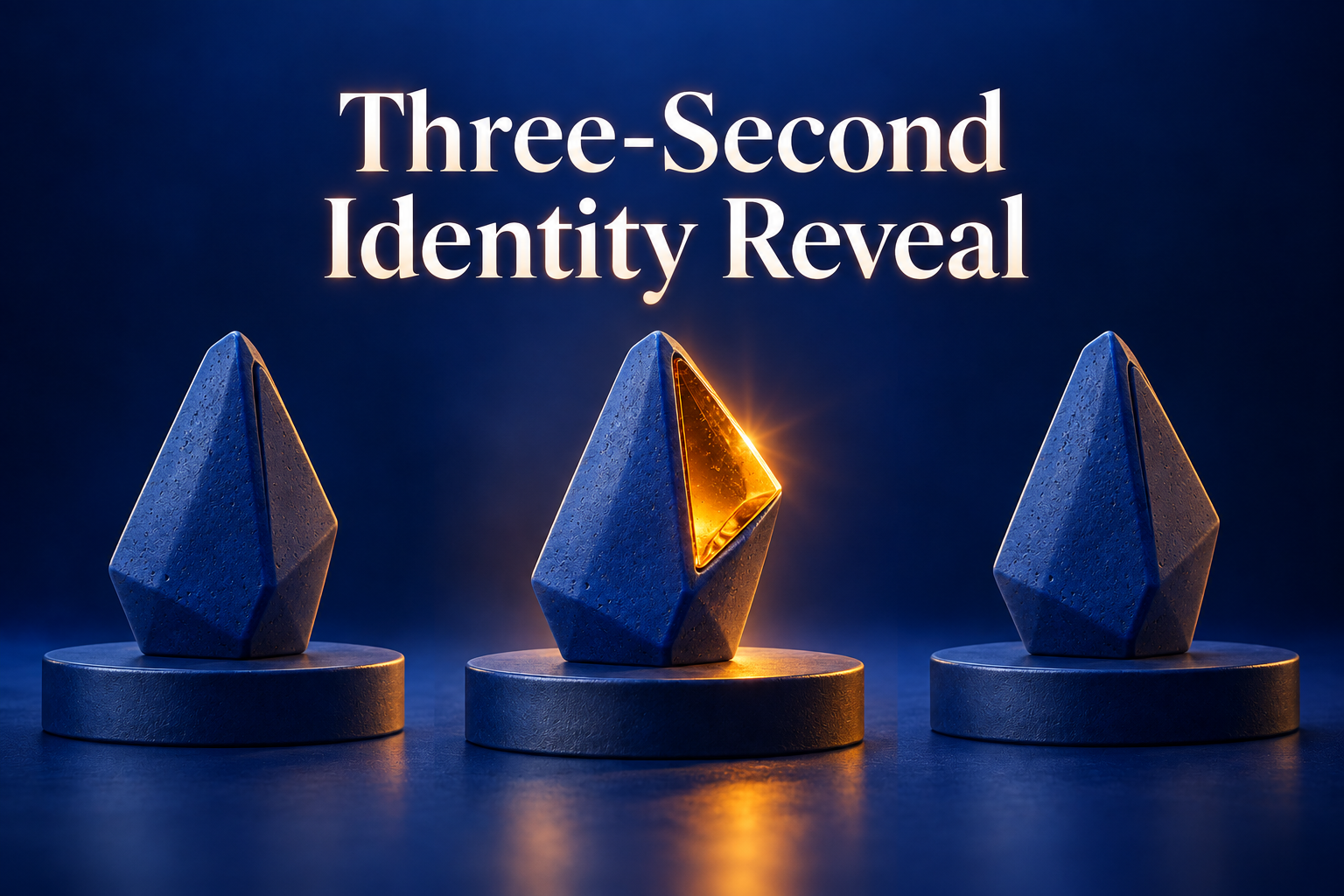 Three stages of an unbranded visual mark showing an identity signal one transition and a settled end frame