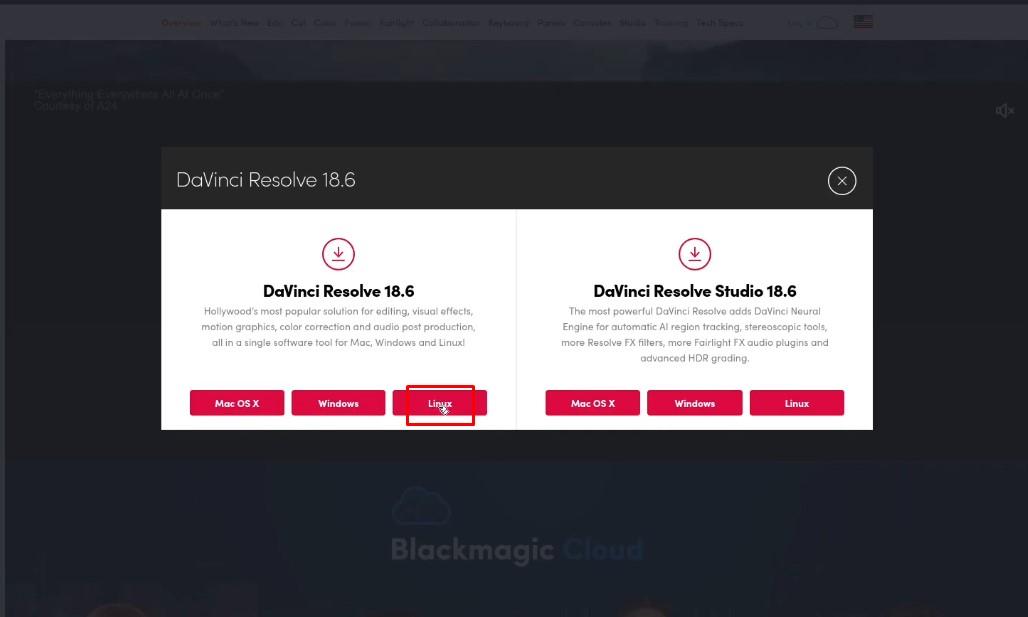 Wählen Sie Linux zum Herunterladen von DaVinci Resolve