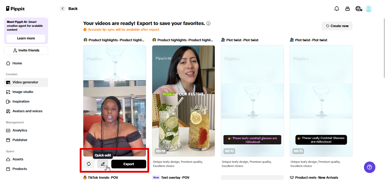 Marketingvideo's exporteren vanuit Pippit
