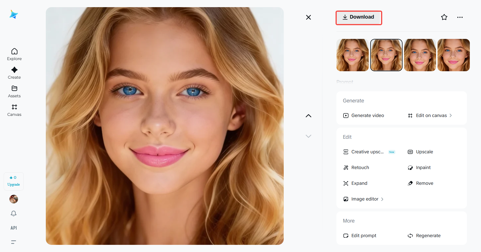 Downloading the photo for Facebook profile photo in Dreamina