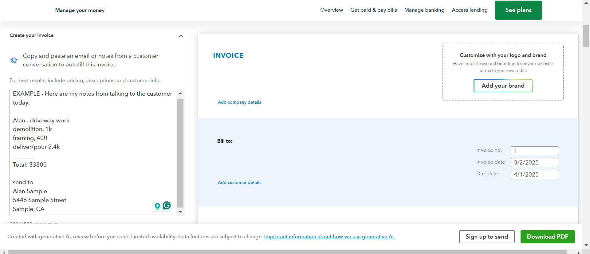 QuickBook fatura üreticisi sayfası