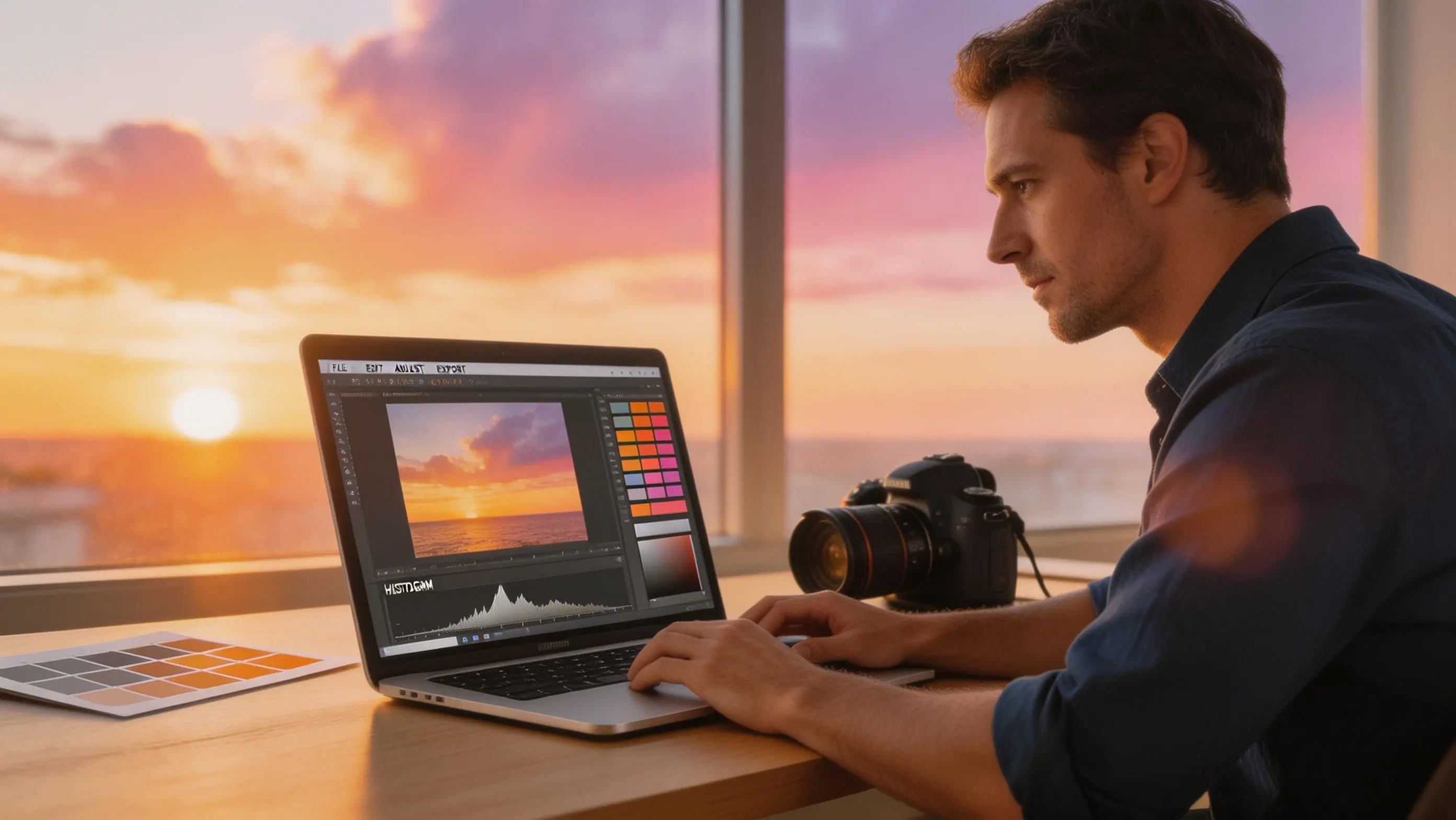 Bearbeiten eines RAW-Fotos zur goldenen Stunde auf einem Laptop