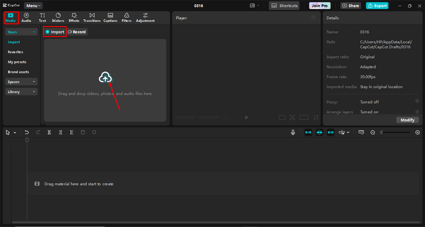 Importer une vidéo dans l'interface d'édition de CapCut éditeur vidéo de bureau