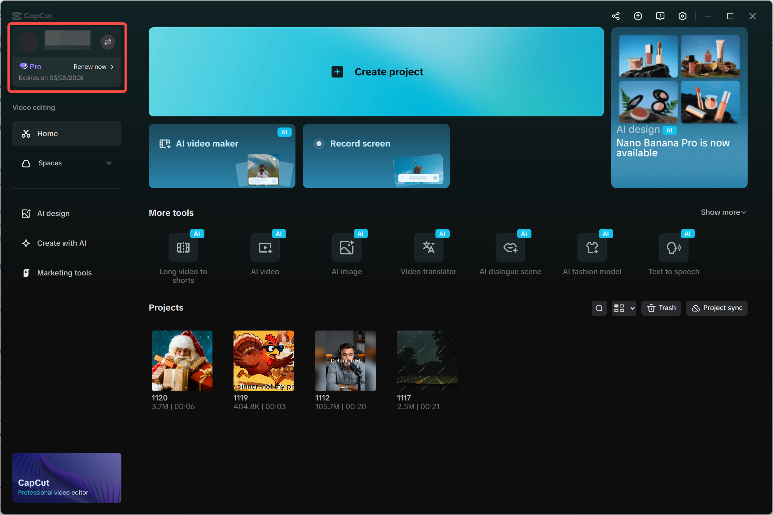 CapCut desktop home screen displaying account information and subscription details