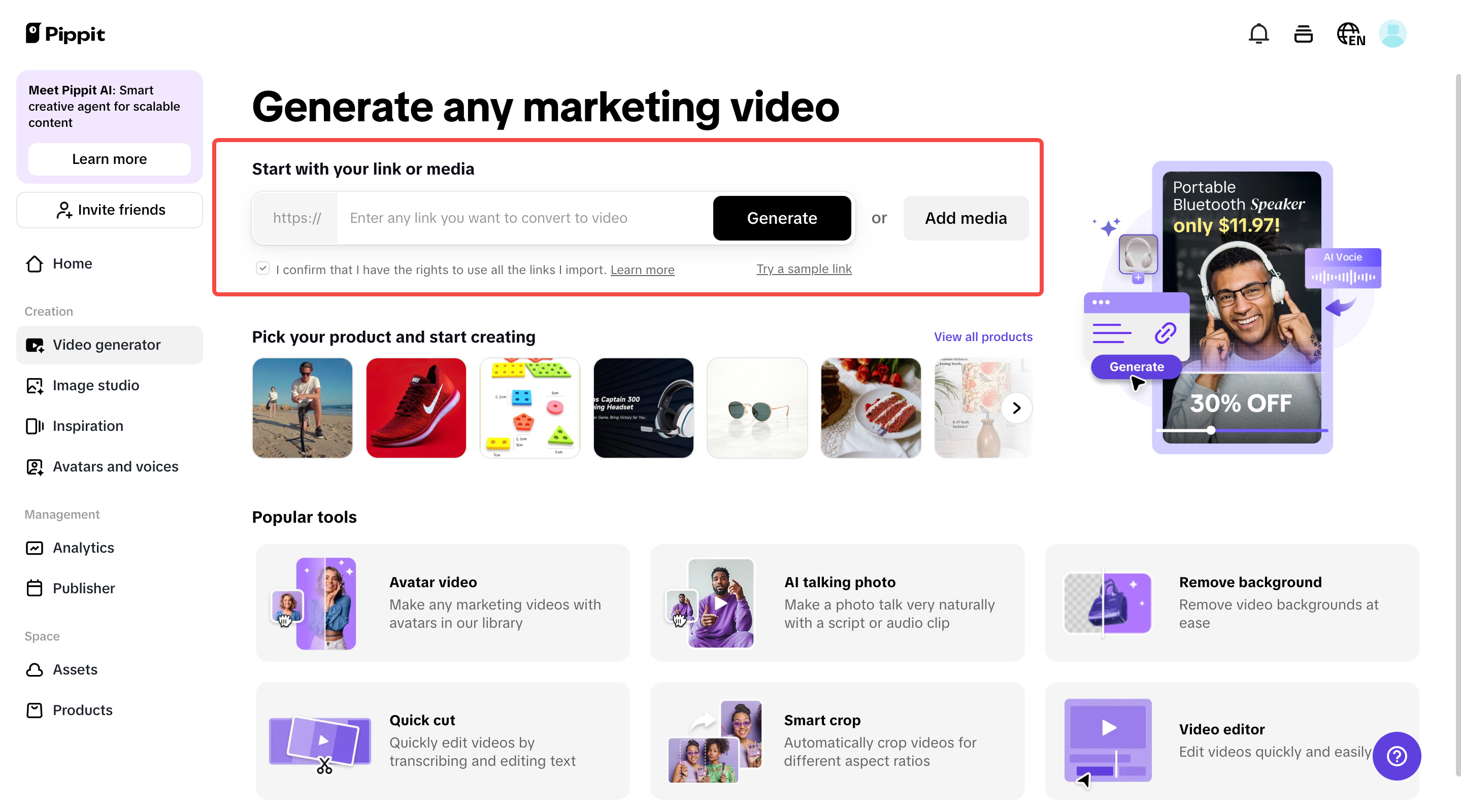Pippit one-click video generator