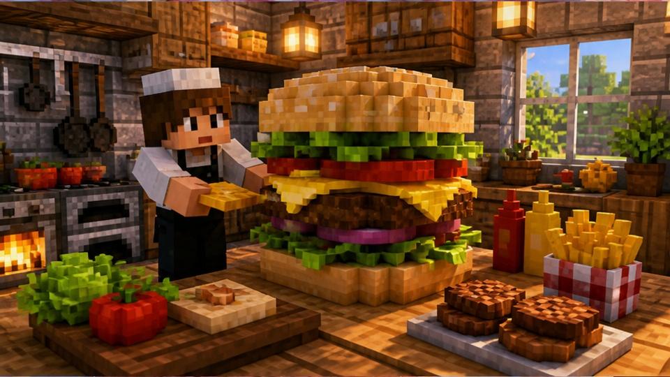 Trendy Minecraft Food Prompts — a pixel-art kitchen preparing a trending dish