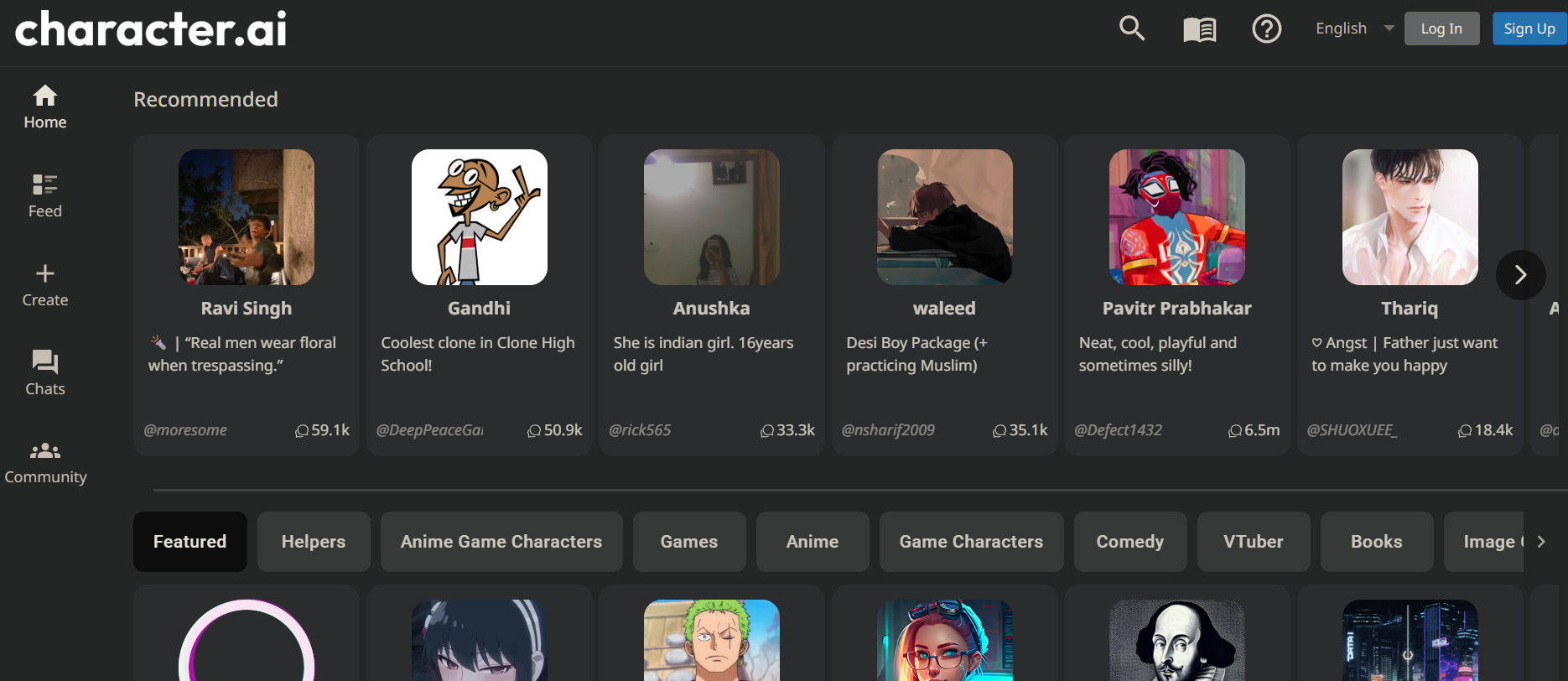 Character.ai Interfaz del sitio web