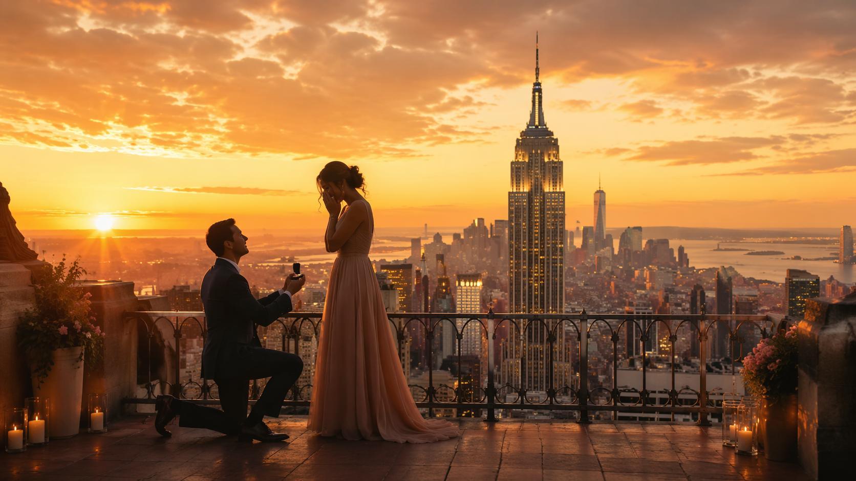 Dreamina proposal on empire state building prompt prompt card 1: Golden skyline proposal