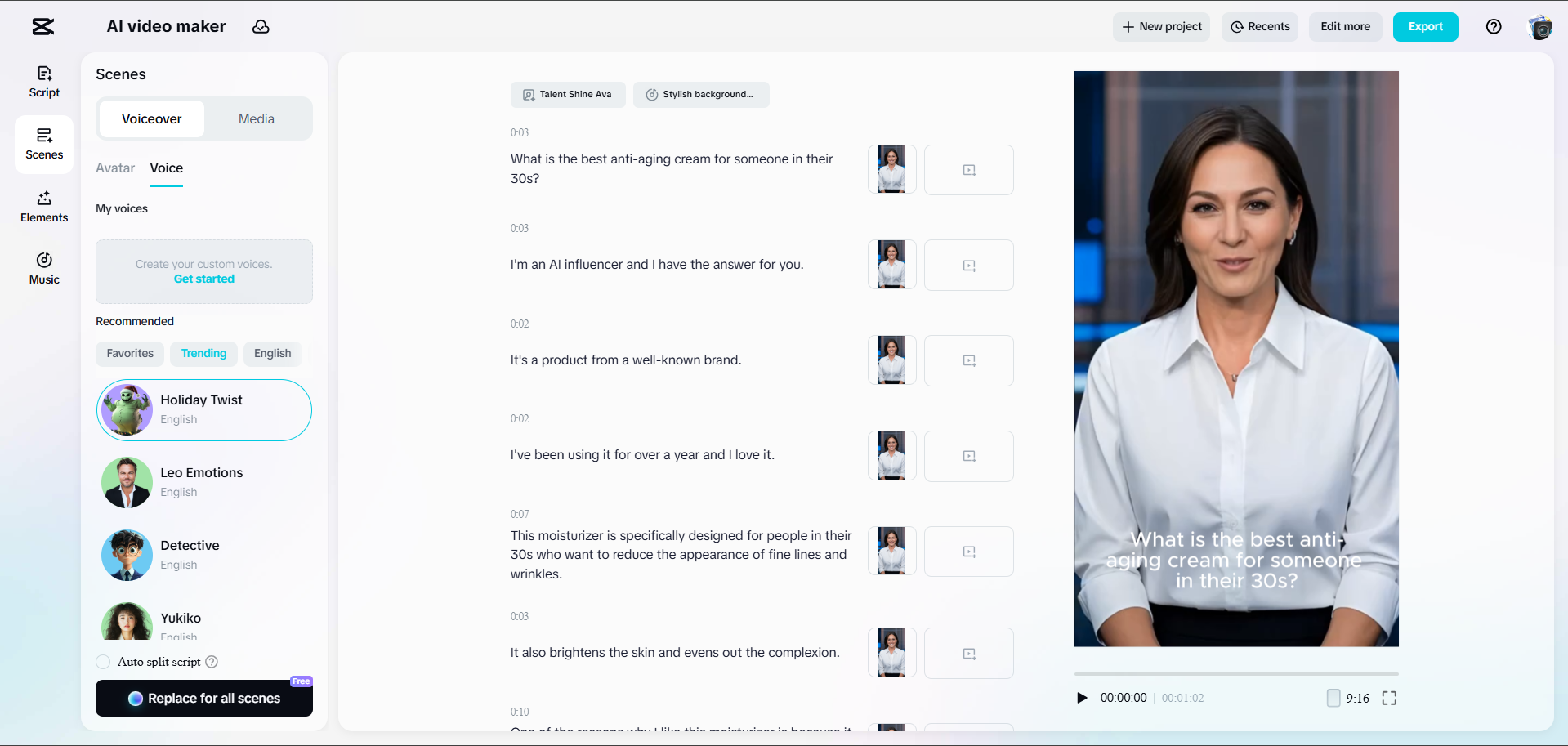 Interfața CapCut Web - o modalitate rapidă de a face influențatori AI