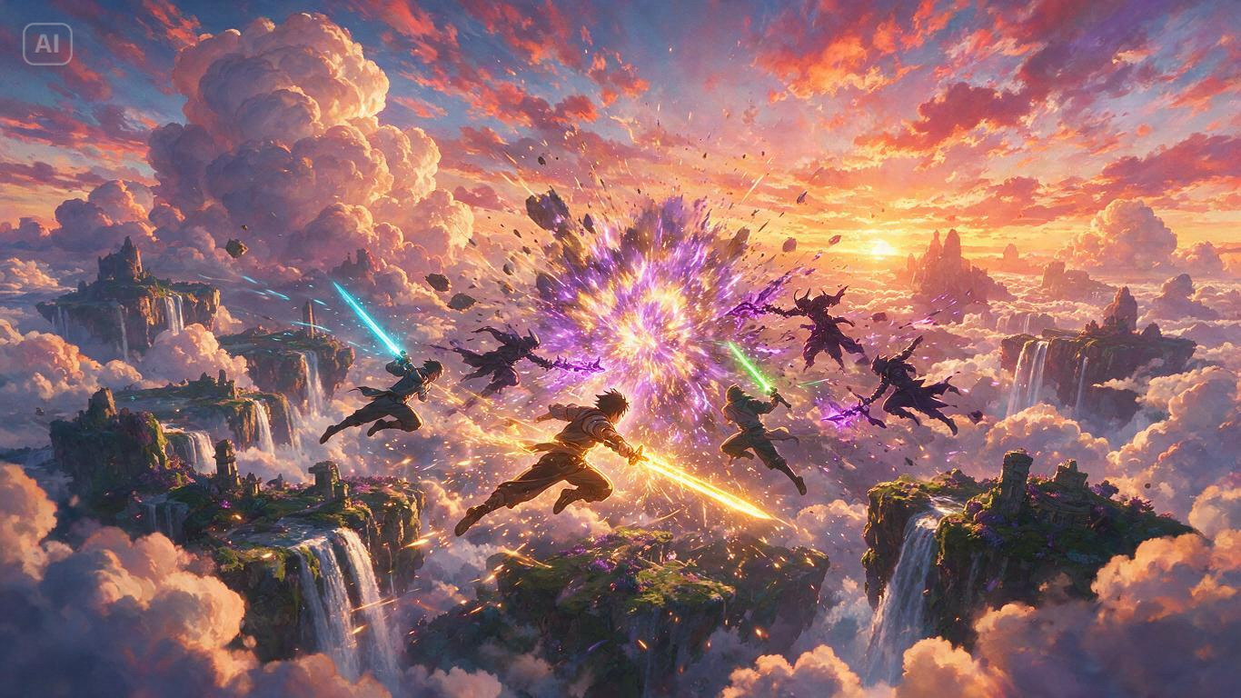 Prompt for an epic anime sky battle scene
