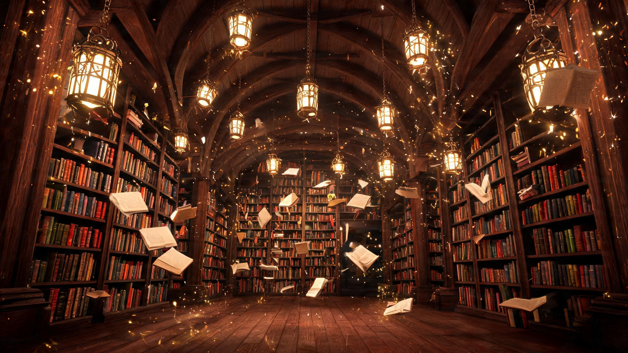 Bibliothèque magique avec des livres flottants