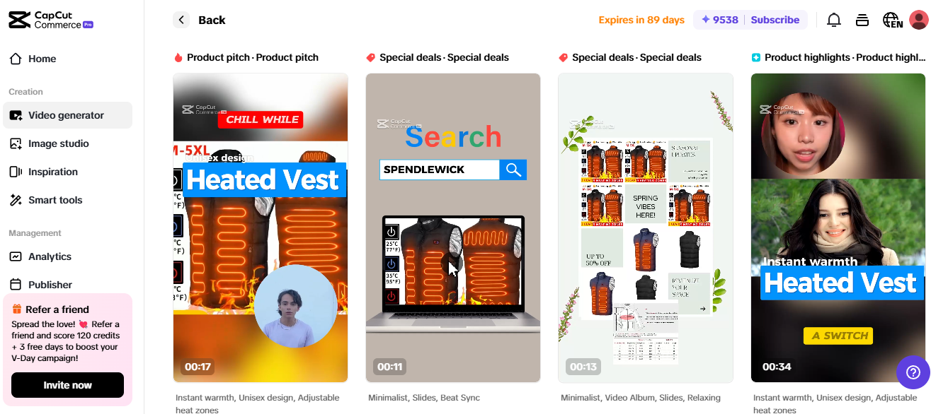 A Pippit alkalmazás felülete egy fűthető mellényt jelenít meg, bemutatva a tartalomkészítést az aktuális Amazon-termékekhez.