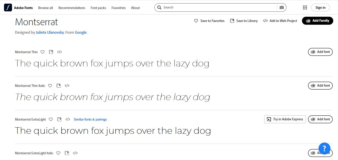อินเทอร์เฟซของ Adobe Fonts - แพลตฟอร์มที่รู้จักกันดีในการดาวน์โหลดแบบอักษรมอนต์เซอร์รัต