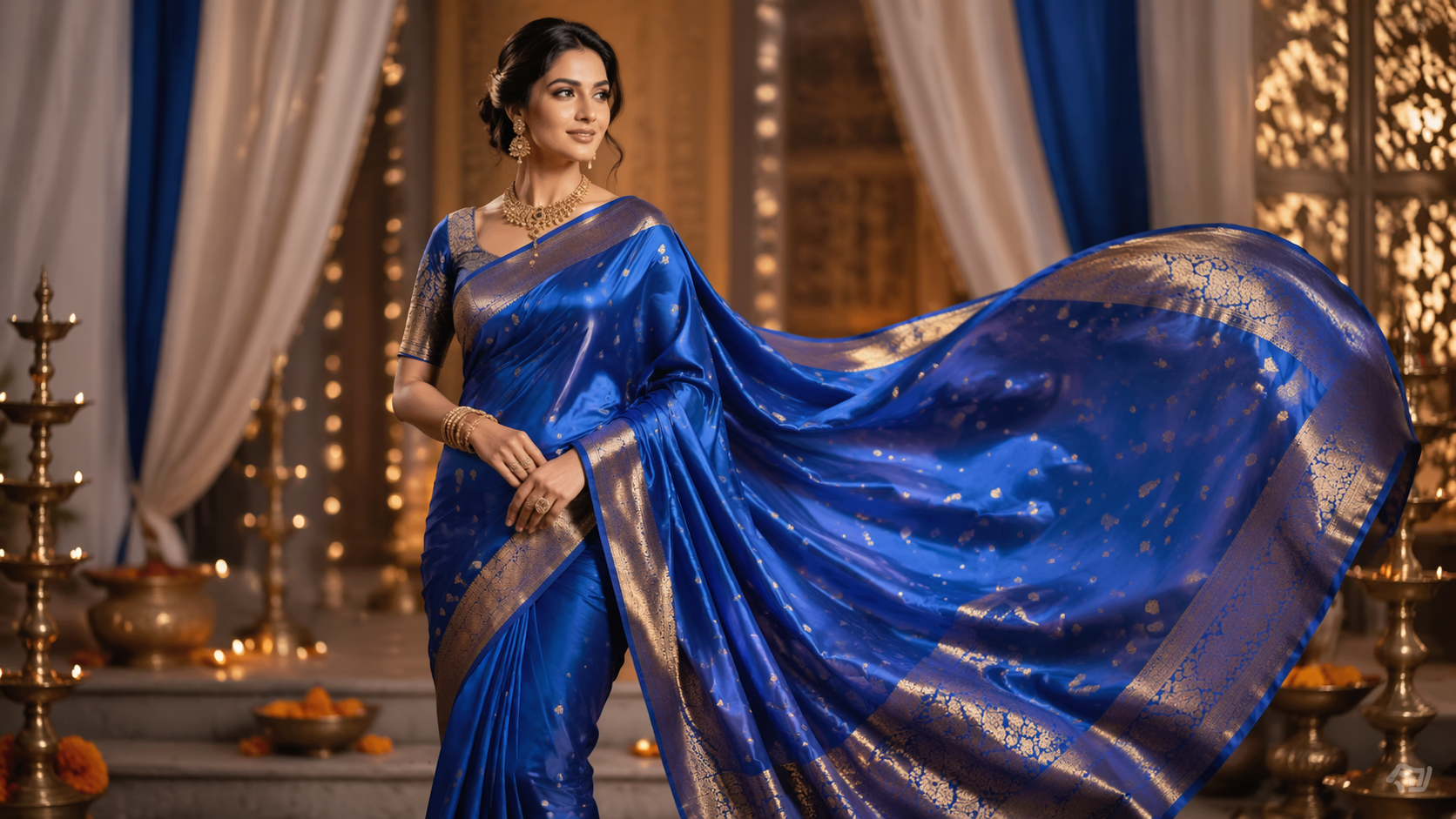 Dreamina AI Saree Try On prompt example 4: Royal Blue Draping