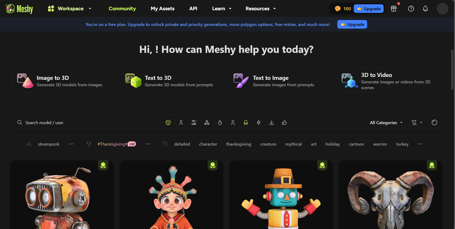 Meshy AI homepage