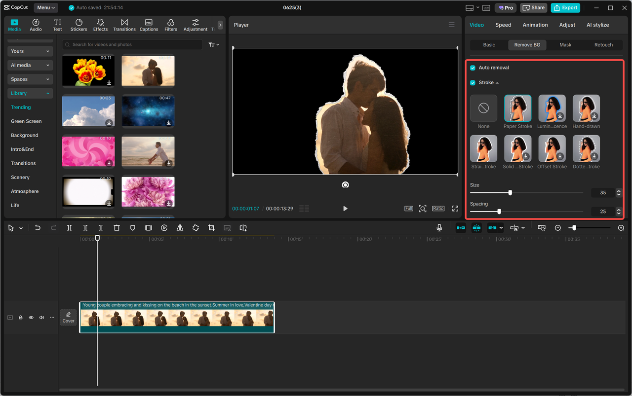 CapCut cutout workspace with background removal and subject outline adjustment controls