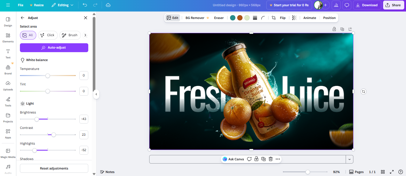 Ajustando o brilho e o contraste no Canva