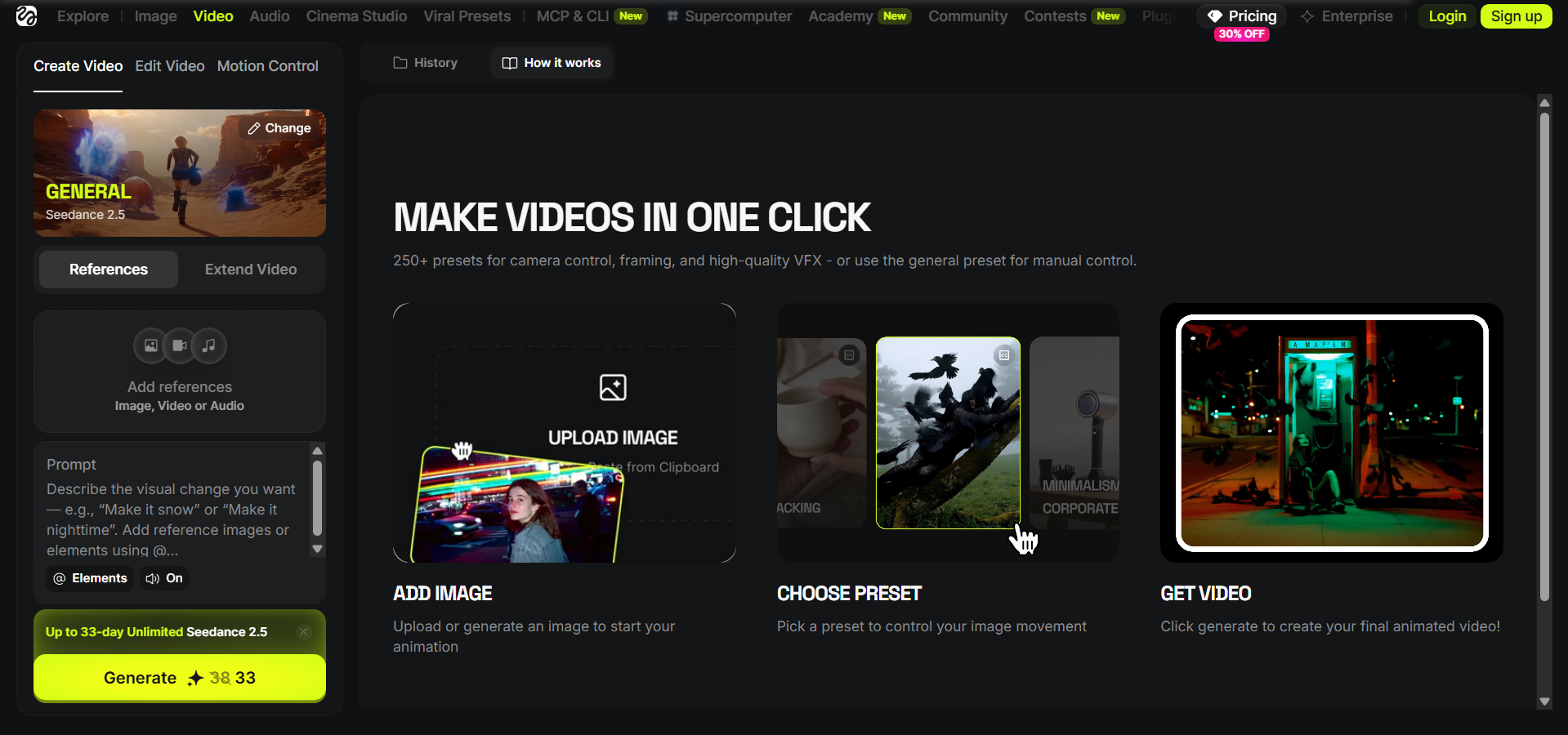 Higgsfield AI video generator interface