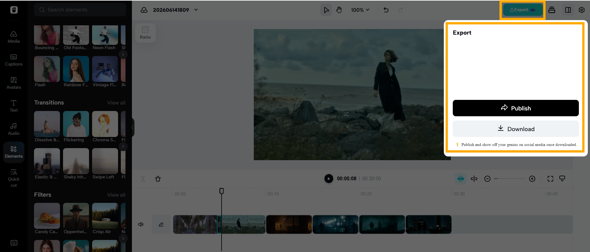 export screen in Pippit AI showing final video rendering after applying cross dissolve cinematic transitions