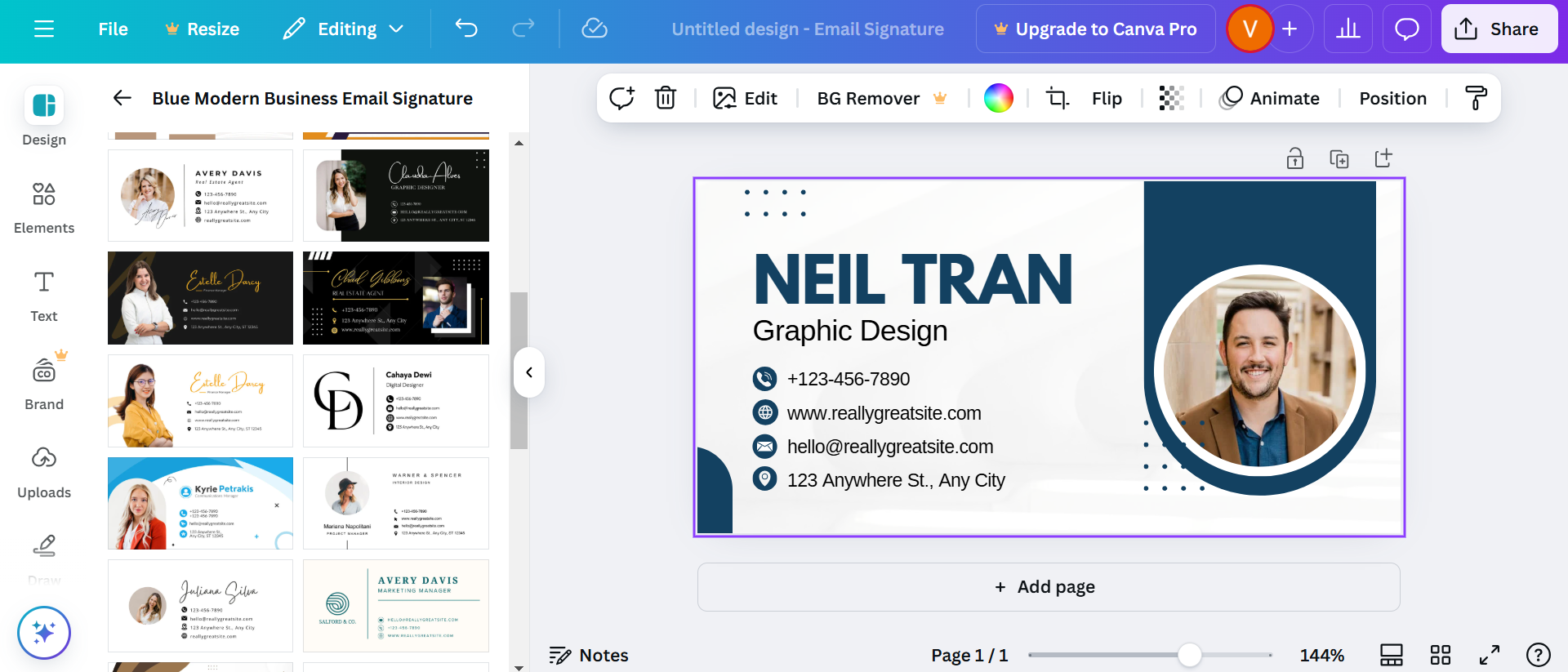 Ang interface ng lagda ng email ng Canva