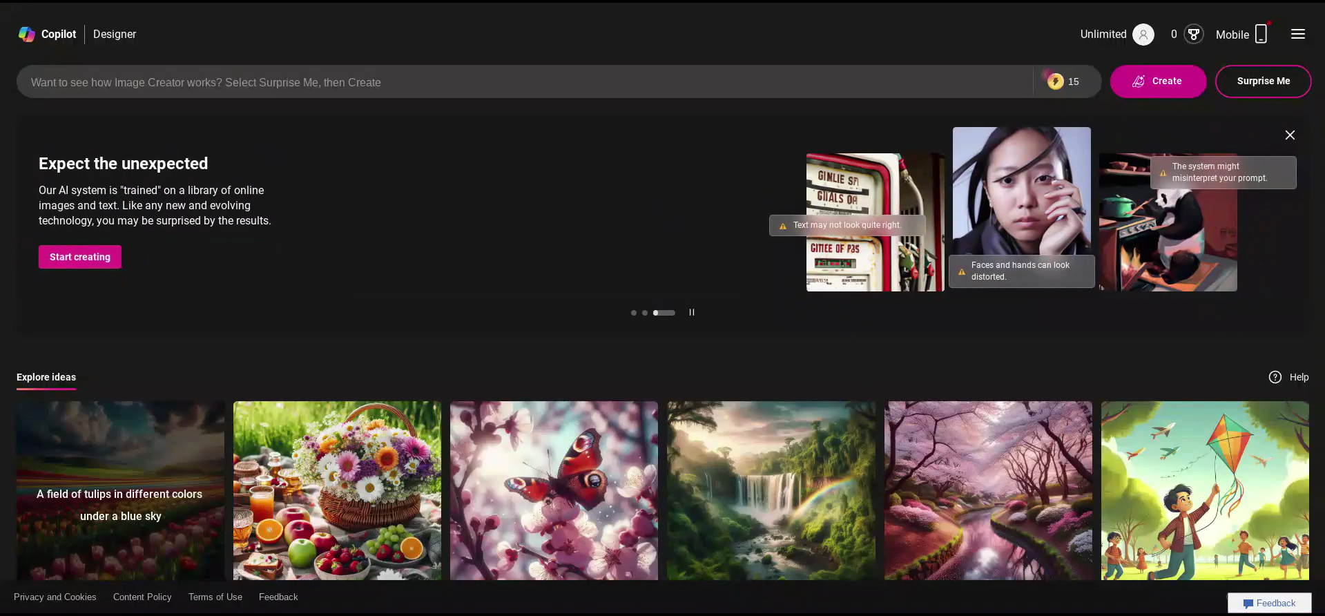 Interfața generatorului de imagini AI Bing Copilot