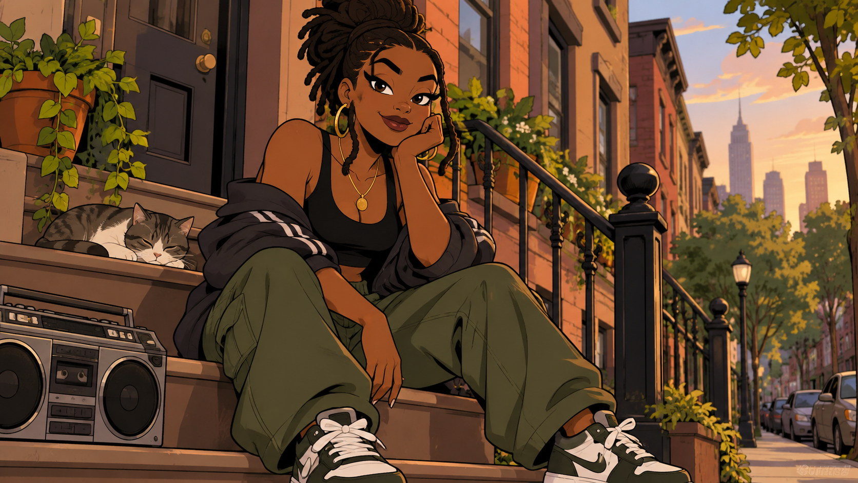 an expressive original urban cartoon portrait with bold ink and cel shading