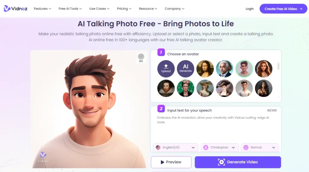 Interfaccia di Vidnoz AI - uno strumento AI per far parlare le foto online gratuitamente