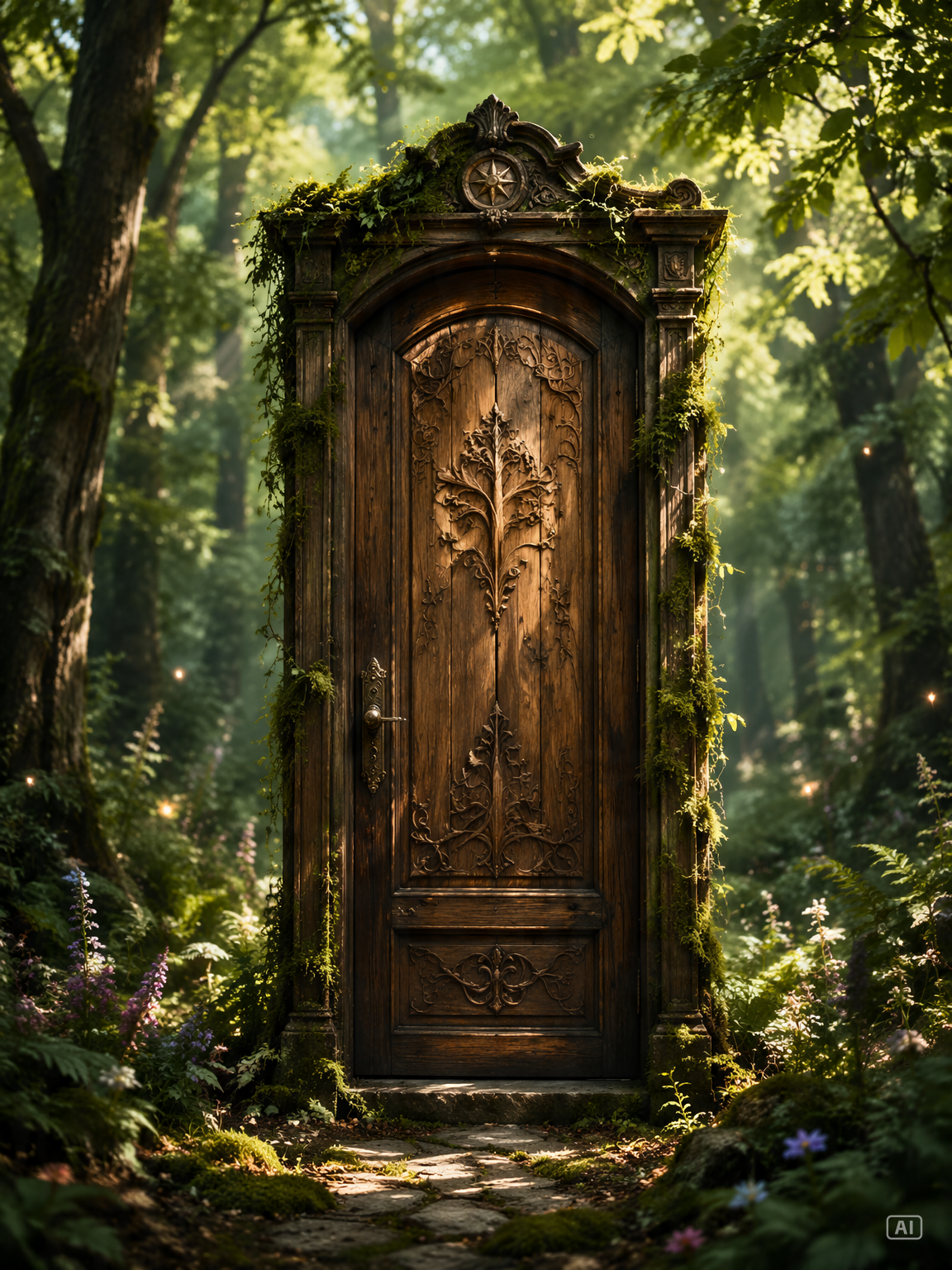 Mysterious forest door writing prompt image generated by Pippit