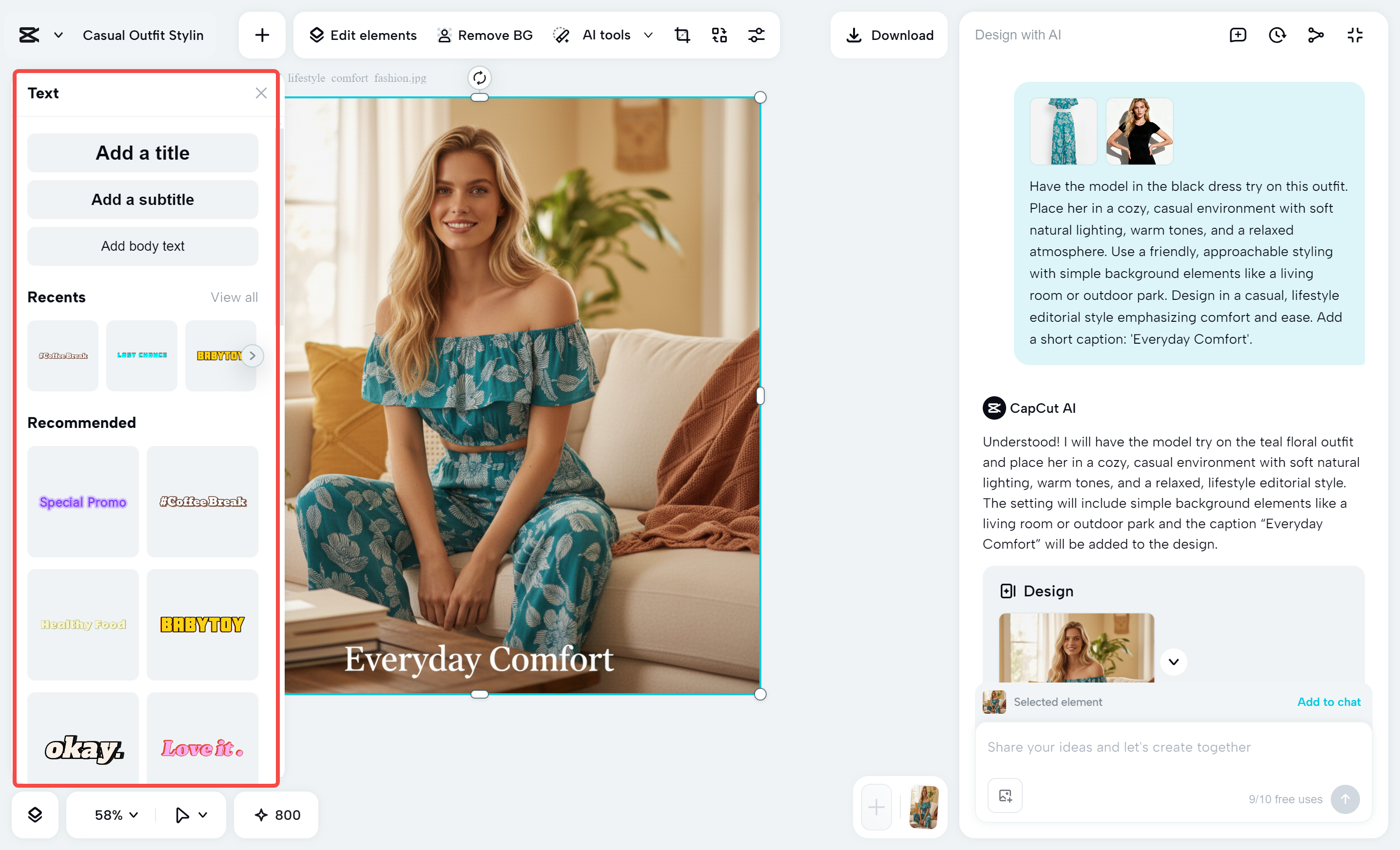 CapCut text formatting and editing controls arranged beside an open fashion design canvas