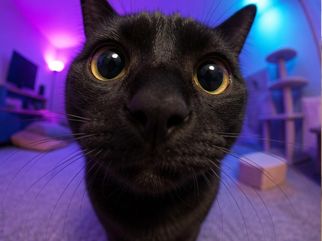 Fisheye Pet Photo AI Prompts prompt example 4 - Black cat neon room
