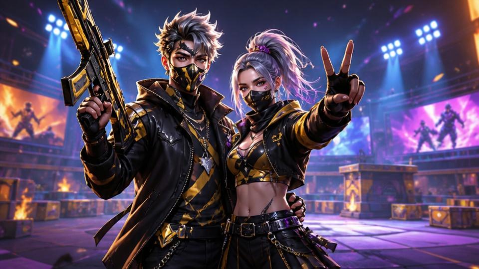 Gemini Free Fire Couple Prompts - dwóch partnerów inspirowanych grą pozuje na dramatycznej arenie