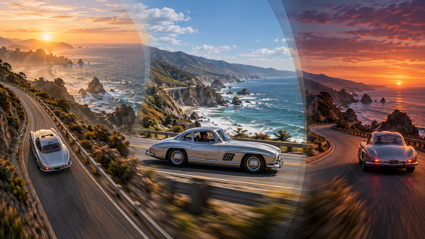 Vintage car maintained across an extended coastal road sequence