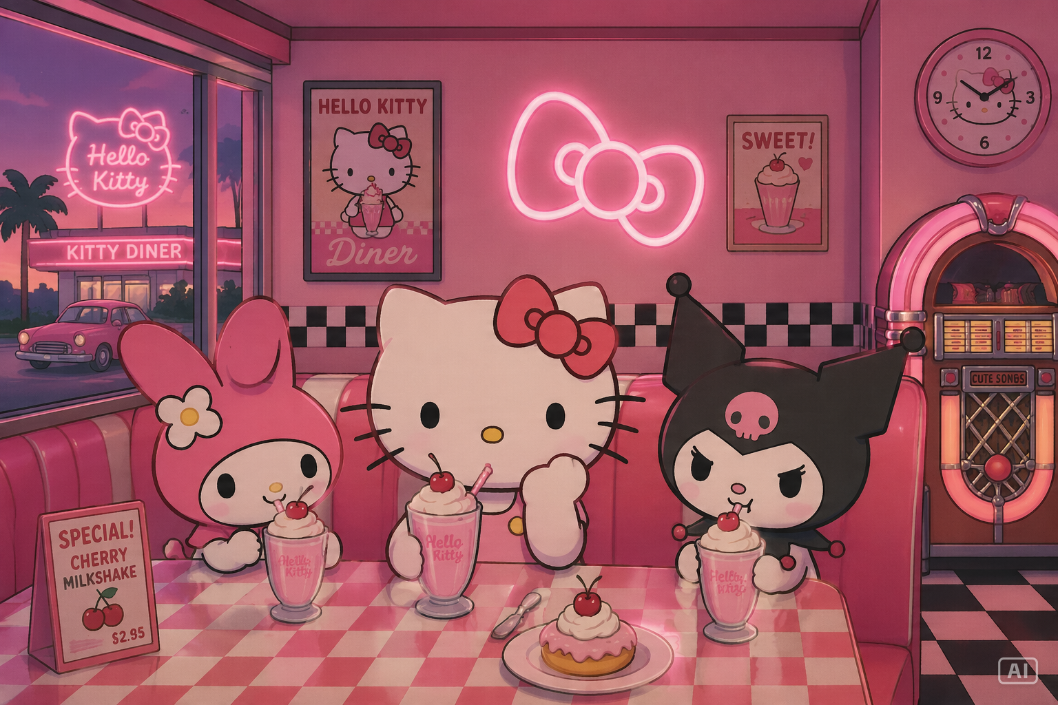 Retro Hello Kitty diner wallpaper generated by Pippit