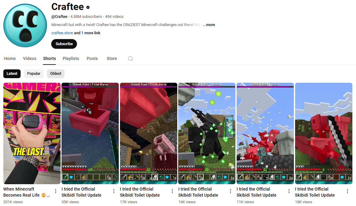 Profil Craftee YouTube Minecraft Shorts avec un contenu unique
