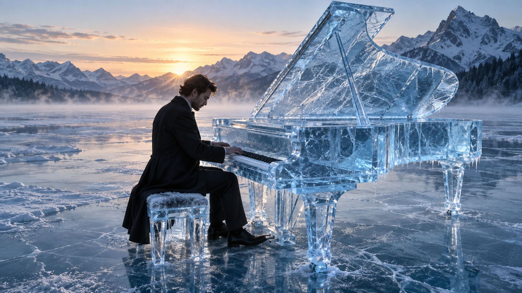 a surreal performance where transparent frozen material, accurate keyboard contact, cold atmosphere, and a controlled camera move stay coherent