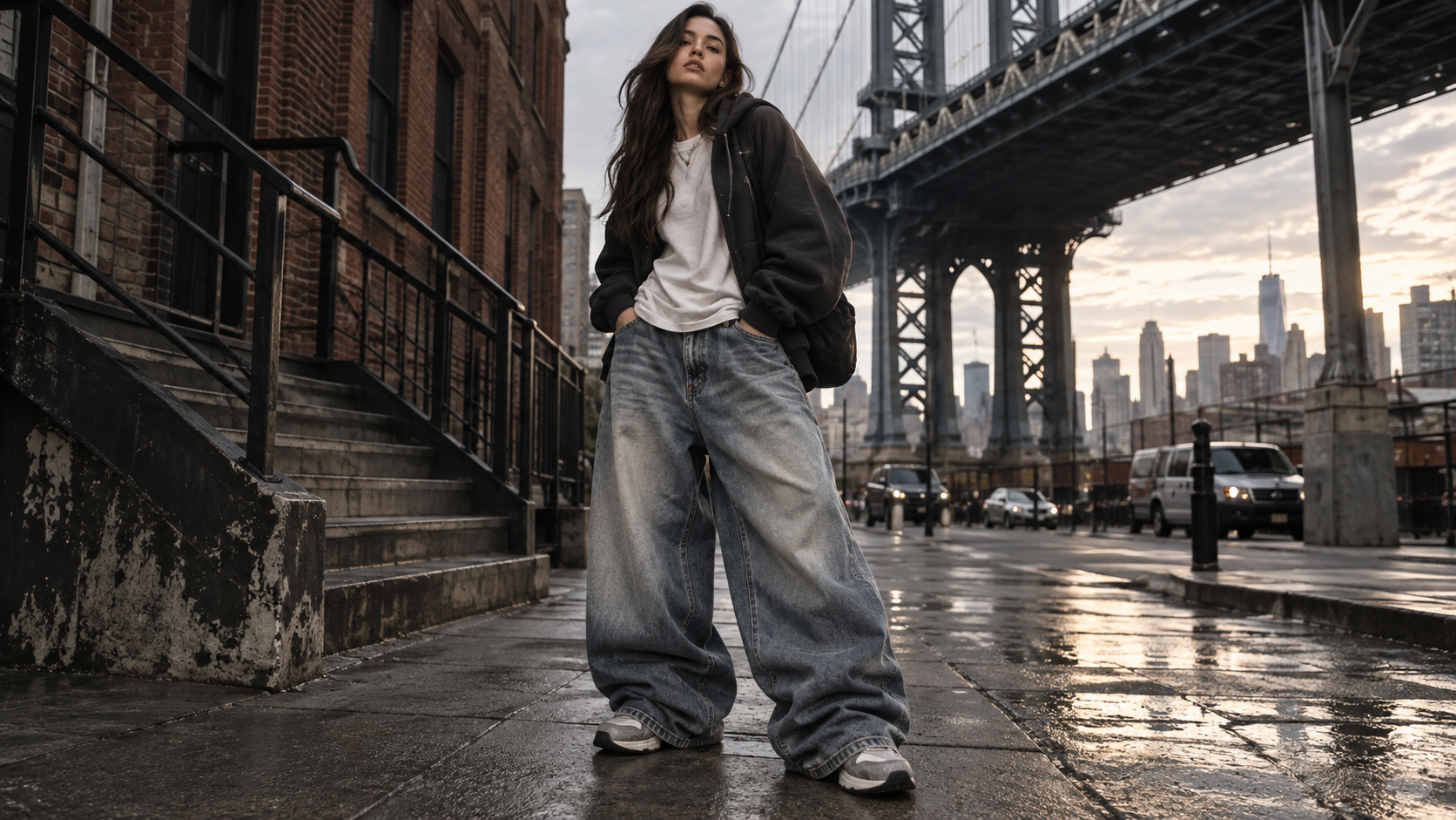 create a fashion portrait featuring baggy jeans with believable fabric volume, confident styling, street-level composition, and natural body proportions