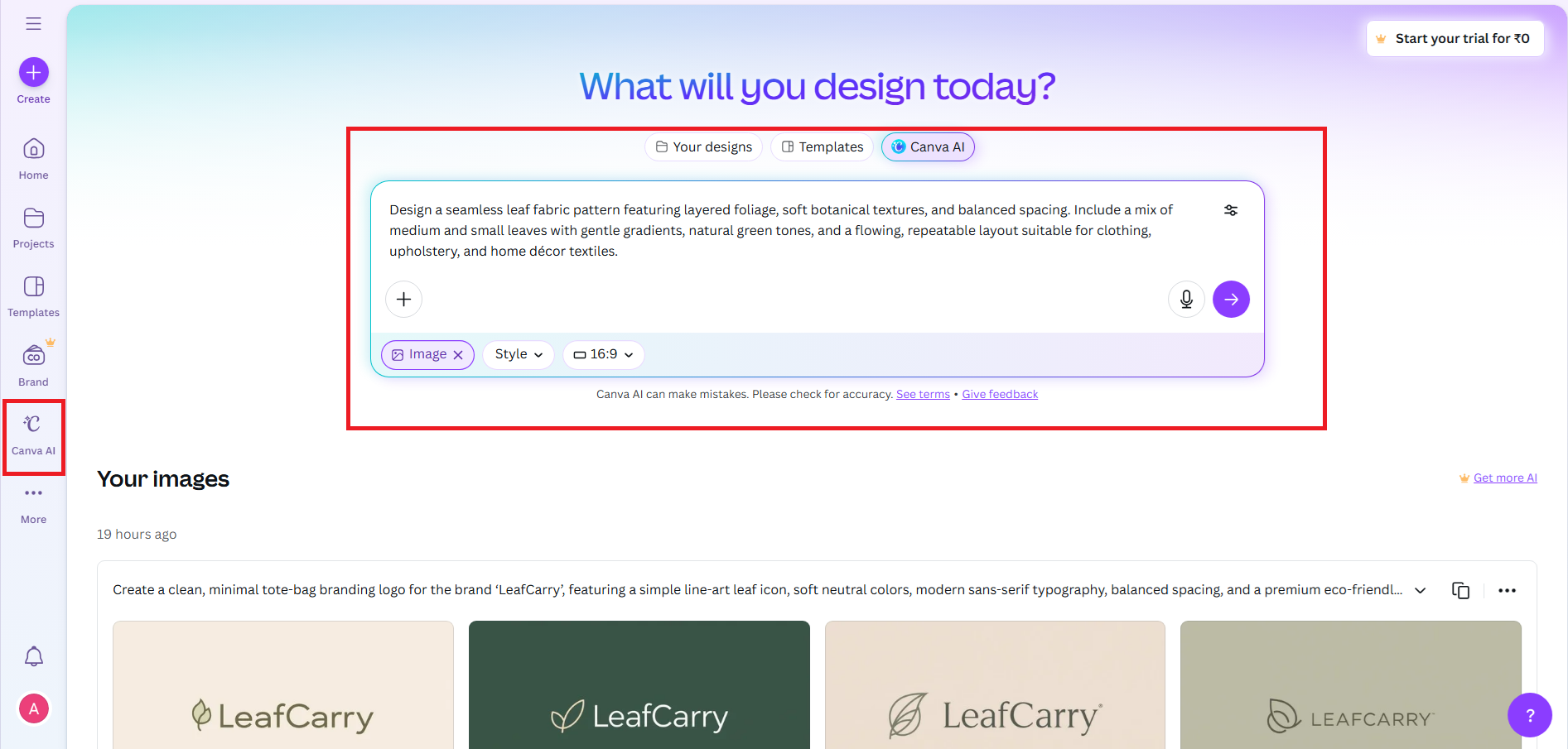 Generate your leaf pattern using Canva AI